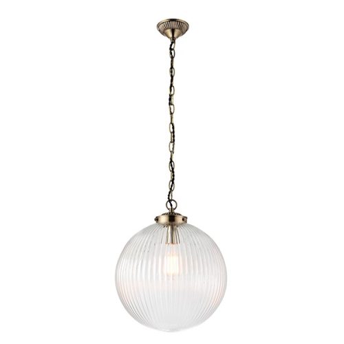 ENDON Brydon 1lt Pendant Antique brass plate & clear ribbed glass 10W LED E27 - ED-71124