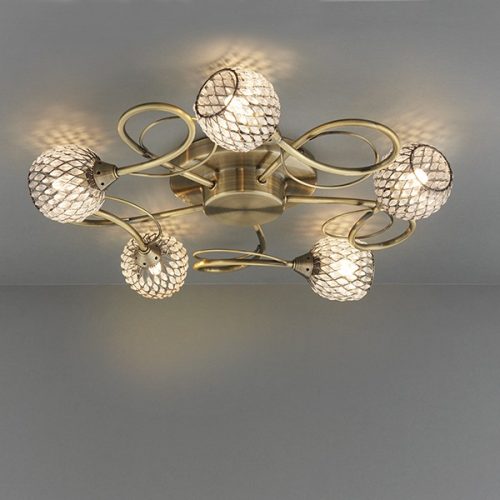 ENDON Aherne Aherne 5lt Semi flush Antique brass plate with clear glass & antique brass wire 5 x 33W G9 clear capsule - ED-73757