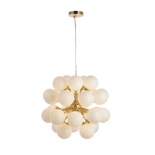 ENDON Oscar 28lt Pendant Satin brass plate & gloss white glass 28 x 18W G9 clear capsule - ED-76499