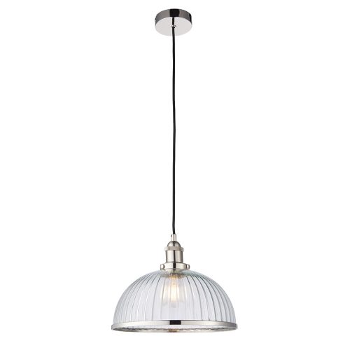 ENDON Hansen 1lt Pendant Bright nickel plate & clear ribbed glass 60W E27 GLS - ED-76713