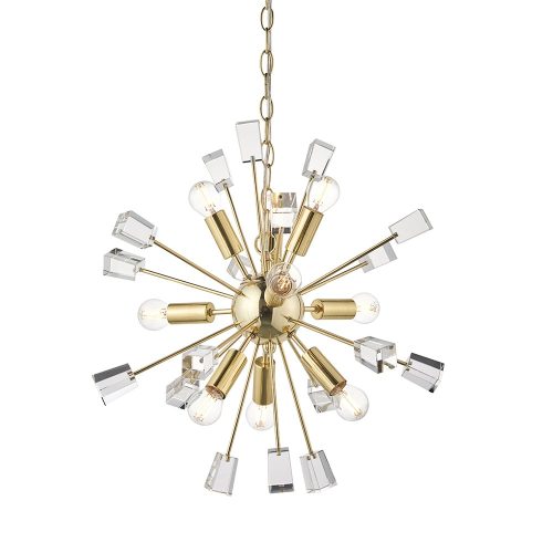 ENDON Miro 9lt Pendant Satin brass plate & clear crystal 9 x 6W LED E14 - ED-90293