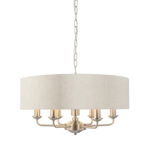 ENDON Highclere 6lt Pendant Brushed chrome plate & natural linen 6 x 40W E14 candle - ED-94357