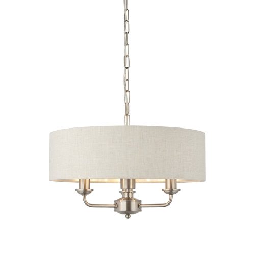 ENDON Highclere 3lt Pendant Brushed chrome plate & natural linen 3 x 40W E14 candle - ED-94361