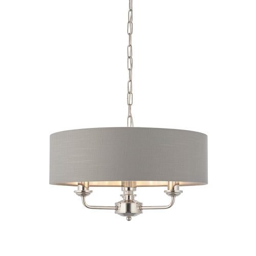 ENDON Highclere 3lt Pendant Bright nickel plate & charcoal fabric 3 x 40W E14 candle - ED-94377