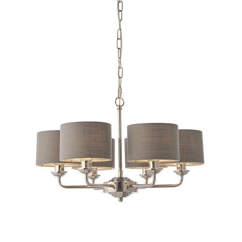 ENDON Highclere Highclere 6lt Pendant Bright nickel plate & charcoal fabric 6 x 28W E14 Eco golf - ED-94381